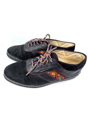 Bally Black Leather Suede Aztec Embroidery Lace Up Shoes Loafers Men's Sz 7